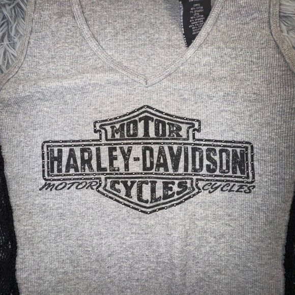 Harley Davidson Women's Large Gray Lace Side Trim Ribbed V-Neck Tank Top Shirt - Picture 3 of 9